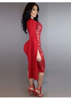 Red Sequins Long Sleeve Woman Evening Dress