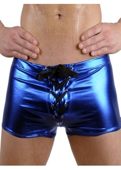 Sexy Blue Wetlook Lace Up Boxer For Men