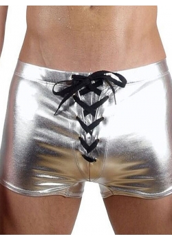 Sexy Silver Wetlook Lace Up Boxer For Men