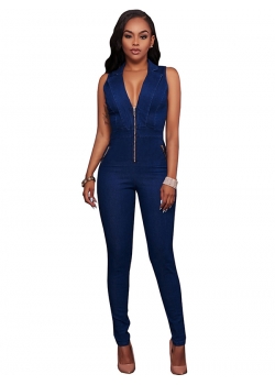 Sexy V-Neck Zipper Jean JUmpsuit