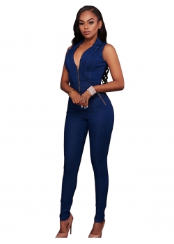 Sexy V-Neck Zipper Jean JUmpsuit