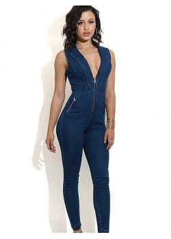 Sexy V-Neck Zipper Jean JUmpsuit