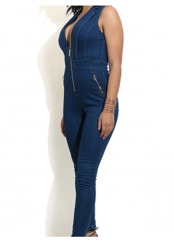 Sexy V-Neck Zipper Jean JUmpsuit