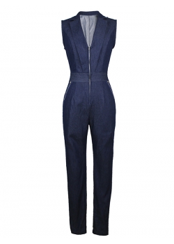 Sexy V-Neck Zipper Jean JUmpsuit