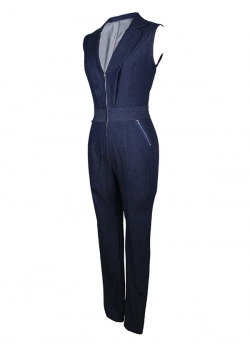 Sexy V-Neck Zipper Jean JUmpsuit