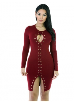 Sexy Wine Red Lace-Up Keyhole Bodycon Dress