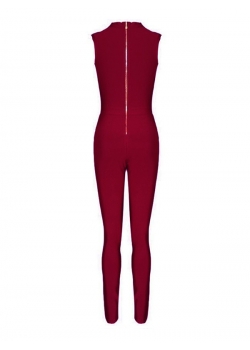 Wine Red Hollow Out Zipper Woman Jumpsuit