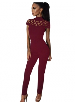 Wine Red Woman Cross Hollow Out Jumpsuit
