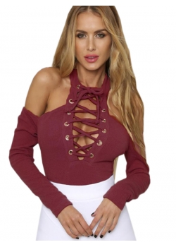 Wine Red Women Hollow Out Shoulder Bodysuit