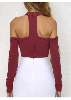 Wine Red Women Hollow Out Shoulder Bodysuit