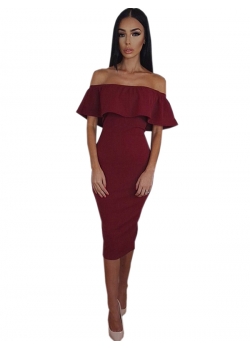 Wine Red Women Off Shoulder Midi Dress