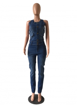 Women Fashion Sleeveless Jean Jumpsuit