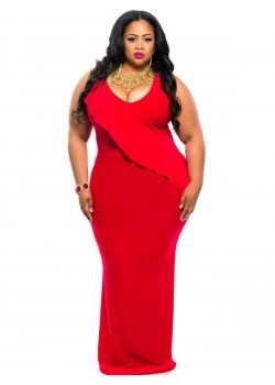 XXL-3XL Red Cascading Ruffle Reversible Tank Maxi Dress
