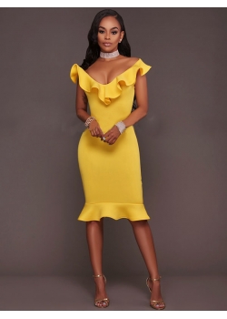 Yellow Woman Sexy Flounces Strapless Midi Dresses