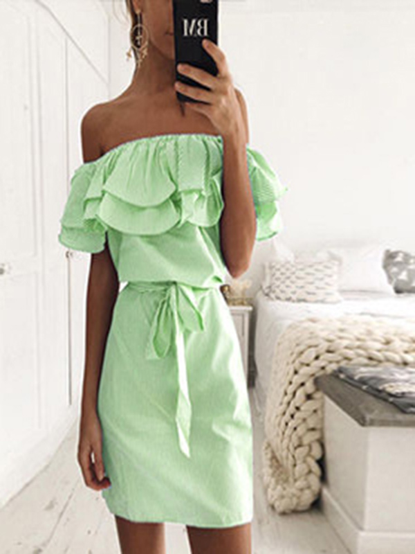  Green Off the Shoulder  Causal Dress With Belt