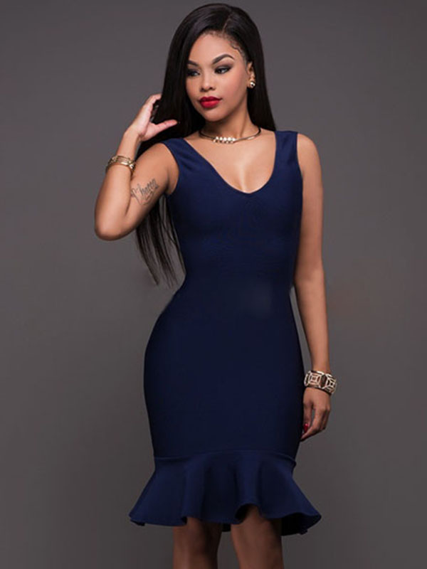 Blue Woman Sexy Fishtail Gown Midi Dresses