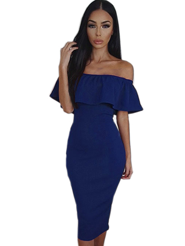 Blue Women Off Shoulder Midi Dress