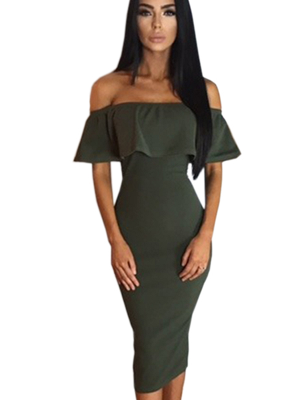 Green Women Off Shoulder Midi Dress