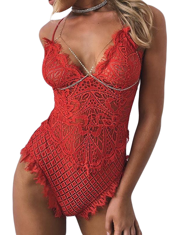Red Lace Up Woman Sexy Teddies Lingerie