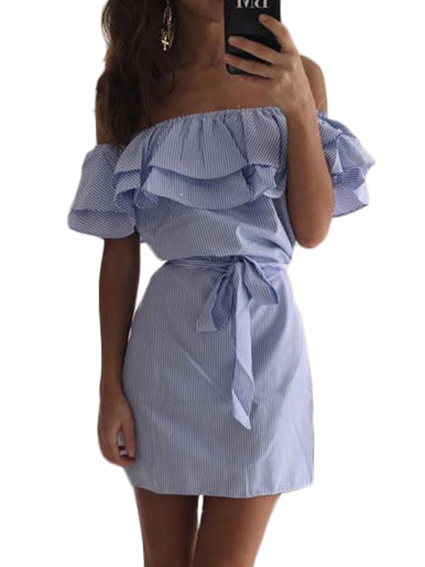 Sexy  Off the Shoulder Blue Causal Dress-