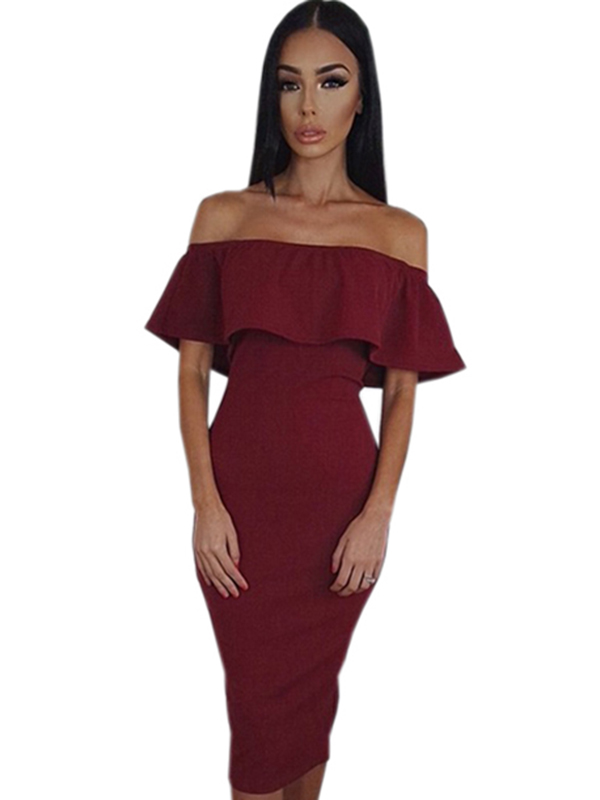 Wine Red Women Off Shoulder Midi Dress