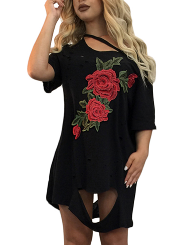 Woman Black Embroidery Hole Casual Dress