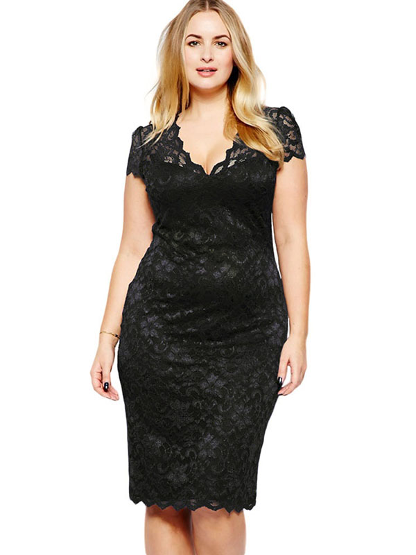 XL-3XL Black Lace Women Midi Dress