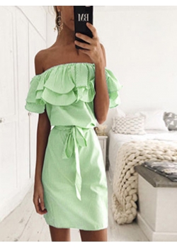  Green Off the Shoulder  Causal Dress With Belt