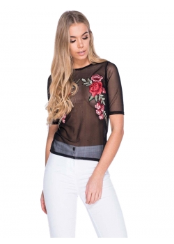 Black Transparent Embroidery Short  Blouse