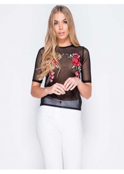 Black Transparent Embroidery Short  Blouse