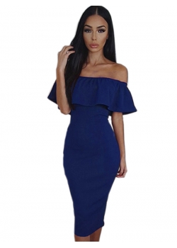 Blue Women Off Shoulder Midi Dress