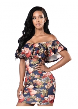 Floral Printed  Off the Shoulder Bodycon Dress