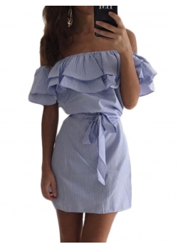 Sexy  Off the Shoulder Blue Causal Dress-