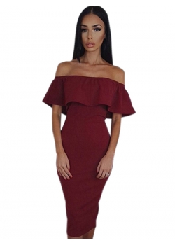 Wine Red Women Off Shoulder Midi Dress