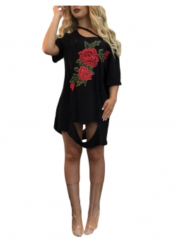 Woman Black Embroidery Hole Casual Dress