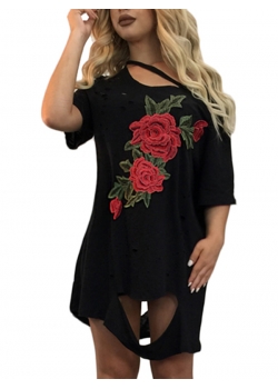 Woman Black Embroidery Hole Casual Dress