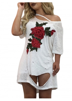 Woman White Embroidery Hole Casual Dress