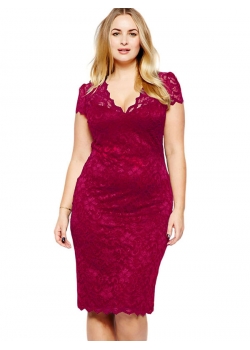 XL-3XL Wine Red Lace Women Midi Dress