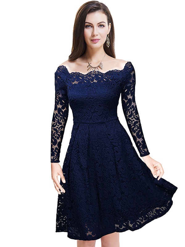 Blue Off Shoulder Long Sleeve Lace Dress