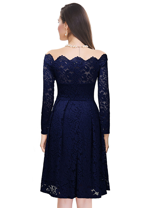 Blue Off Shoulder Long Sleeve Lace Dress