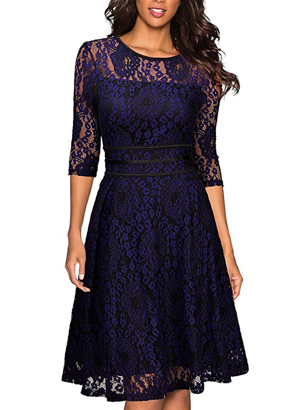 Blue Sexy Midi Lace Dress