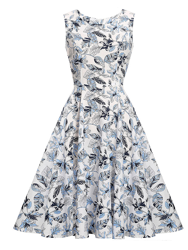 Fashion Floral Printed Blue Casual Dress
