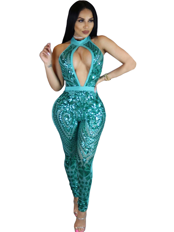 Fashion Hollow Out Halter Jumpsuit Blue