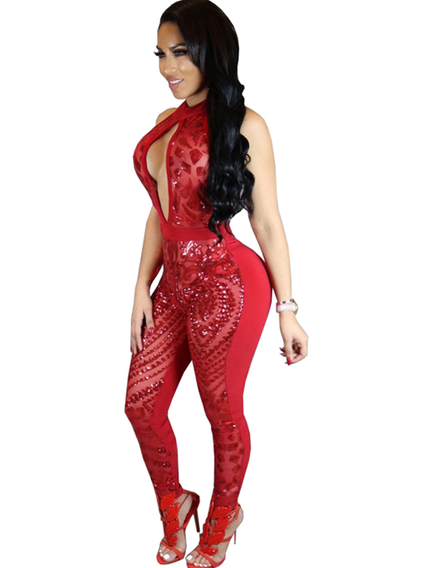 Fashion Hollow Out Halter Jumpsuit Red