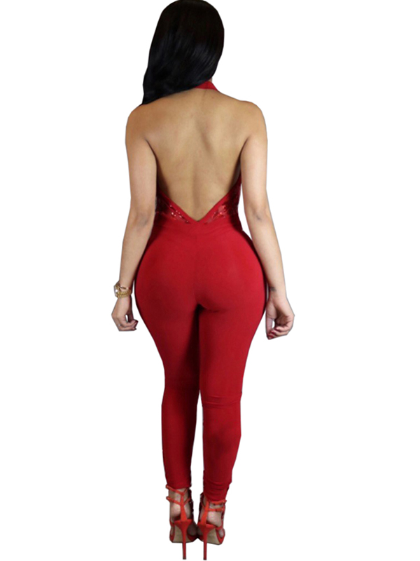 Fashion Hollow Out Halter Jumpsuit Red
