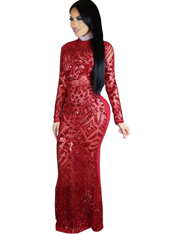 Red Sequin Bodycon Long Evening Dress