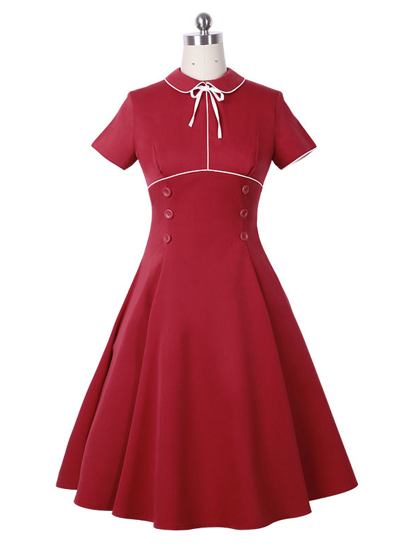 Red Short Sleeve Vintage Casual Dress