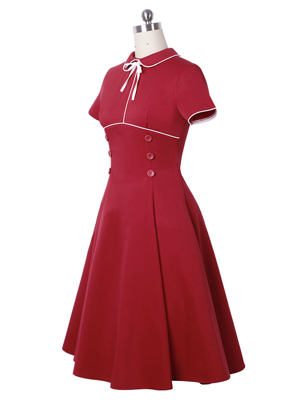 Red Short Sleeve Vintage Casual Dress