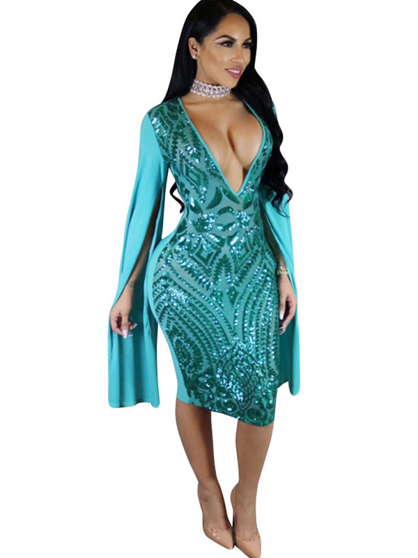 Sexy Blue V-neck Bodycon Dress