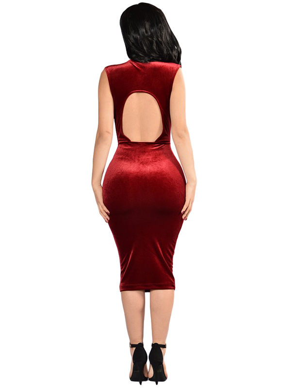 Sexy Wine Red Hollow Out Midi Bodycon Dress